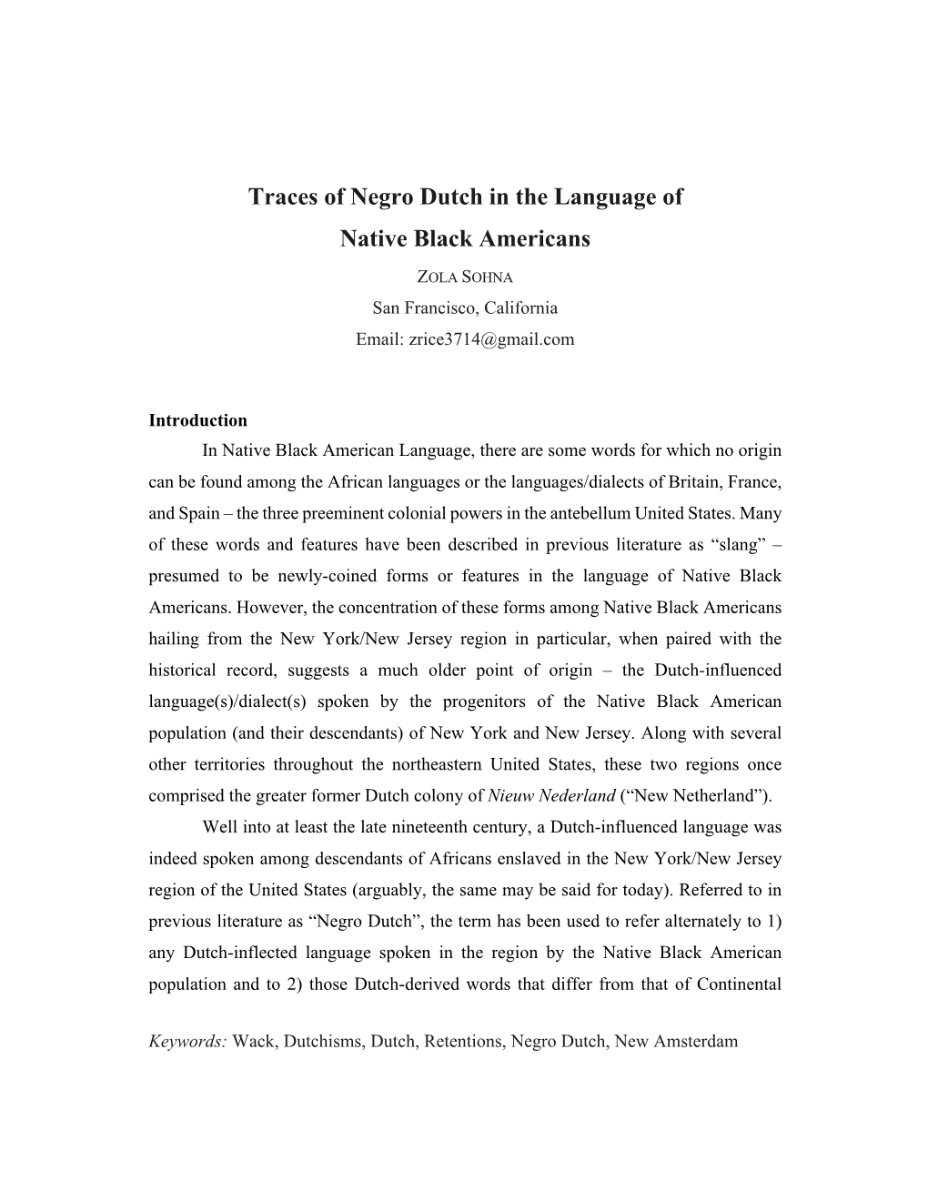 Traces of Negro Dutch in the Language of Native Black Americans