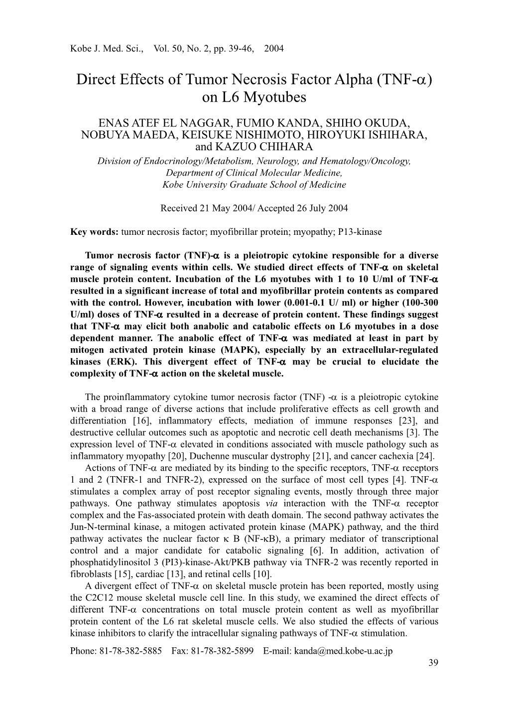 Direct Effects of Tumor Necrosis Factor Alpha (TNF-Α) on L6 Myotubes