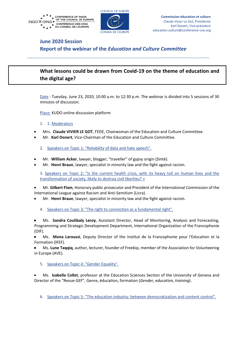 June 2020 Session Report of the Webinar of the Education and Culture Committee