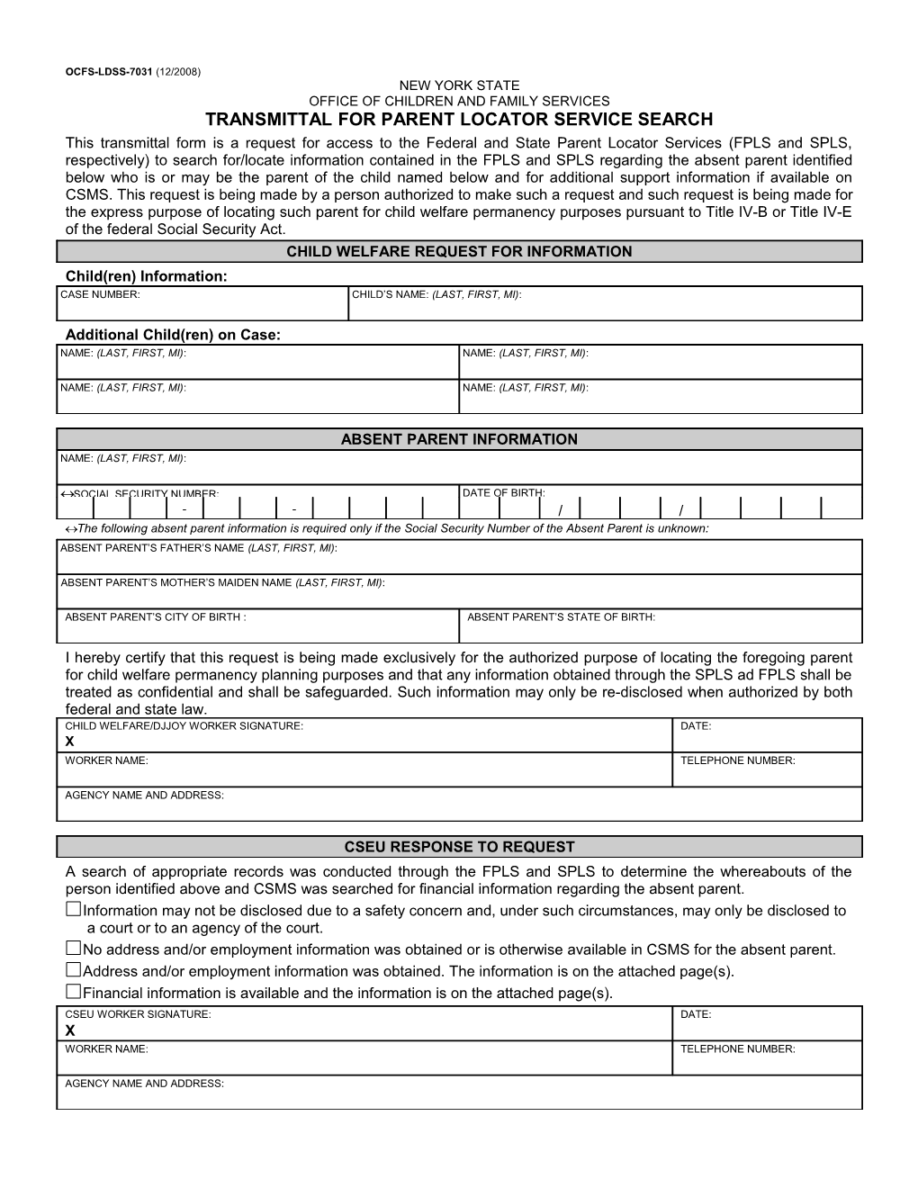 Transmittal for Parent Locator Service Search