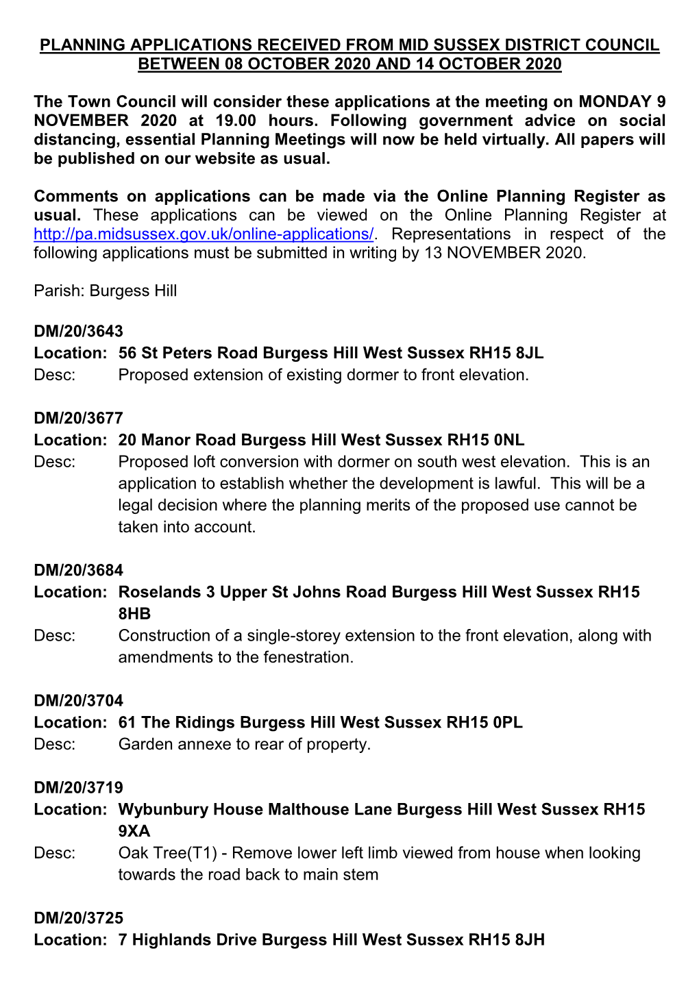 Planning Applications Received from Mid Sussex District Council Between 08 October 2020 and 14 October 2020