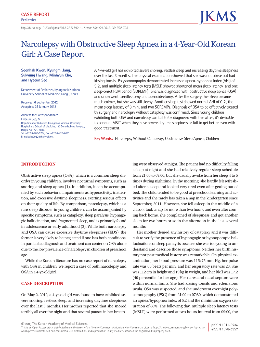 Narcolepsy with Obstructive Sleep Apnea in a 4-Year-Old Korean Girl: a Case Report