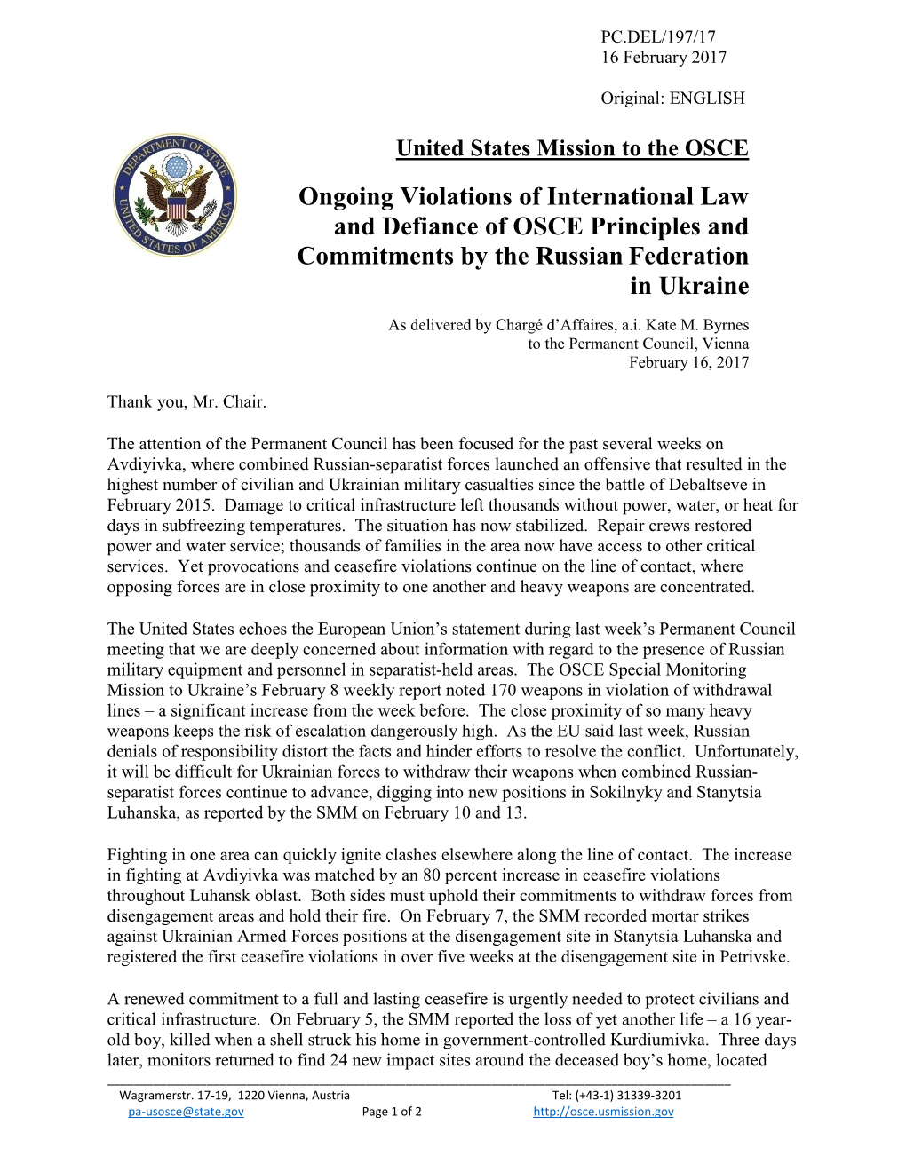 Ongoing Violations of International Law and Defiance of OSCE Principles and Commitments by the Russian Federation in Ukraine As Delivered by Chargé D’Affaires, A.I