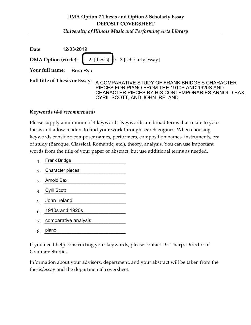 DMA Option 2 Thesis and Option 3 Scholarly Essay DEPOSIT COVERSHEET University of Illinois Music and Performing Arts Library