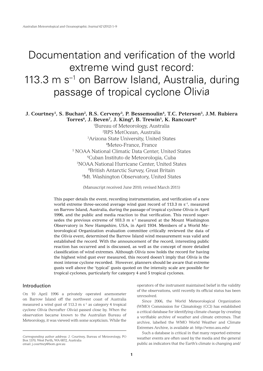 Documentation and Verification of the World Extreme Wind Gust Record: 113.3 M S–1 on Barrow Island, Australia, During Passage of Tropical Cyclone Olivia