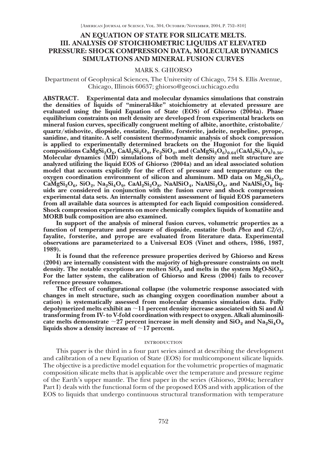 An Equation of State for Silicate Melts. Iii