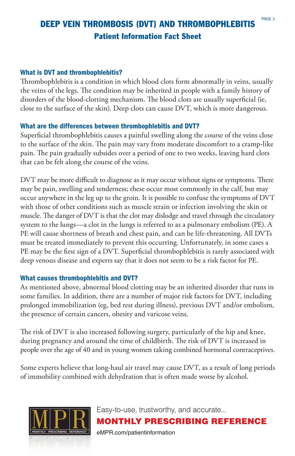 DEEP VEIN THROMBOSIS (DVT) and THROMBOPHLEBITIS Patient Information Fact Sheet