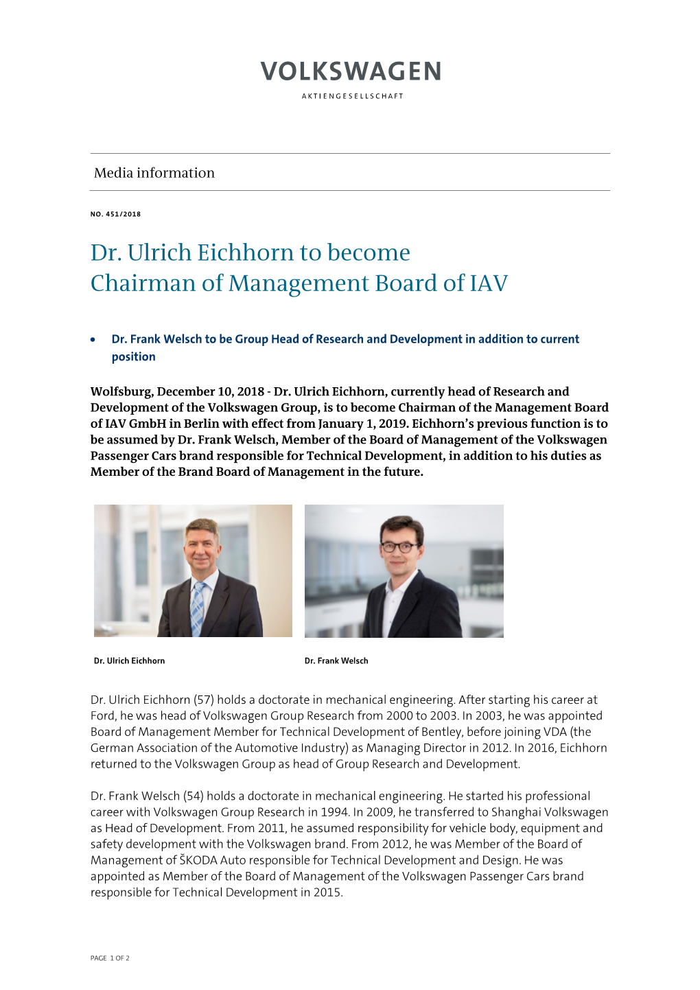 Dr. Ulrich Eichhorn to Become Chairman of Management Board of IAV