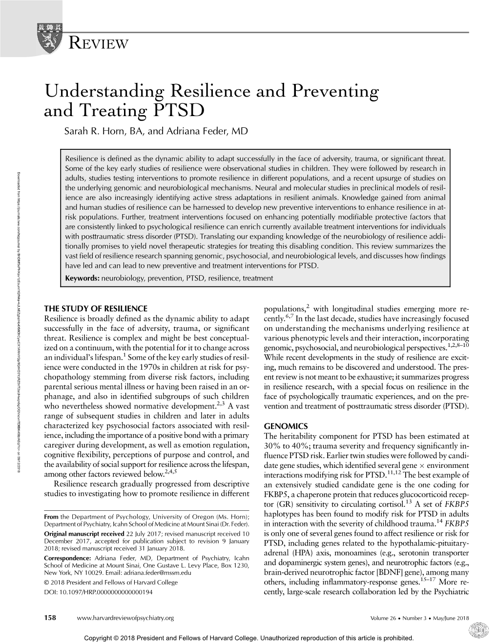 Understanding Resilience and Preventing and Treating PTSD