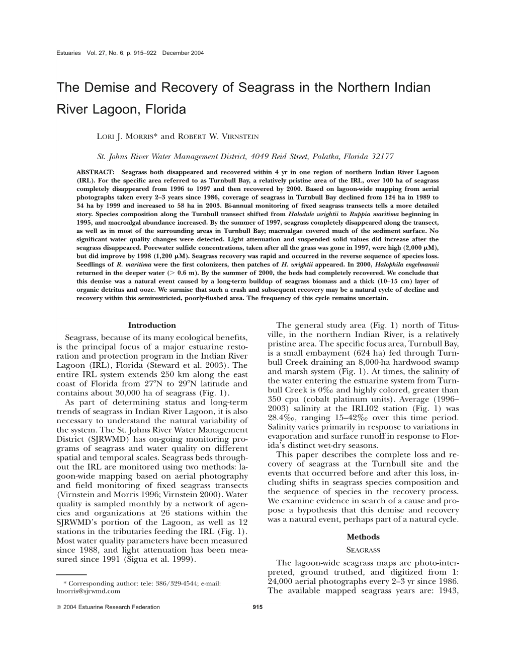 The Demise and Recovery of Seagrass in the Northern Indian River Lagoon, Florida