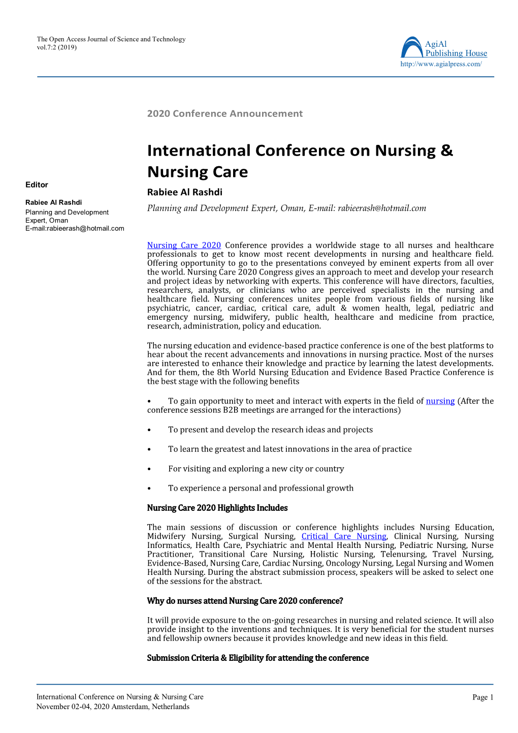 International Conference on Nursing & Nursing Care