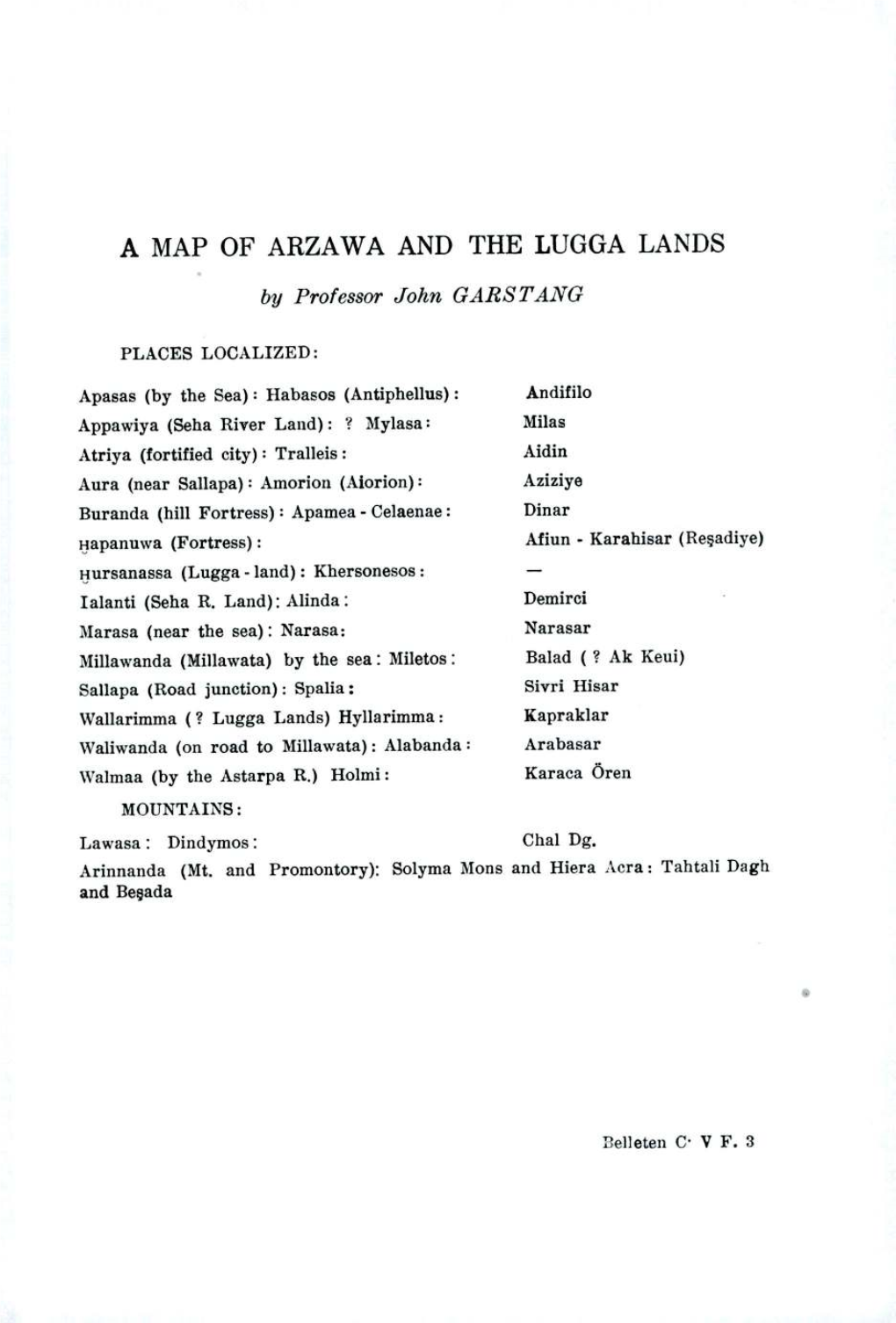 A MAP of ARZAWA and the LUGGA LANDS by Professor John GARSTANG