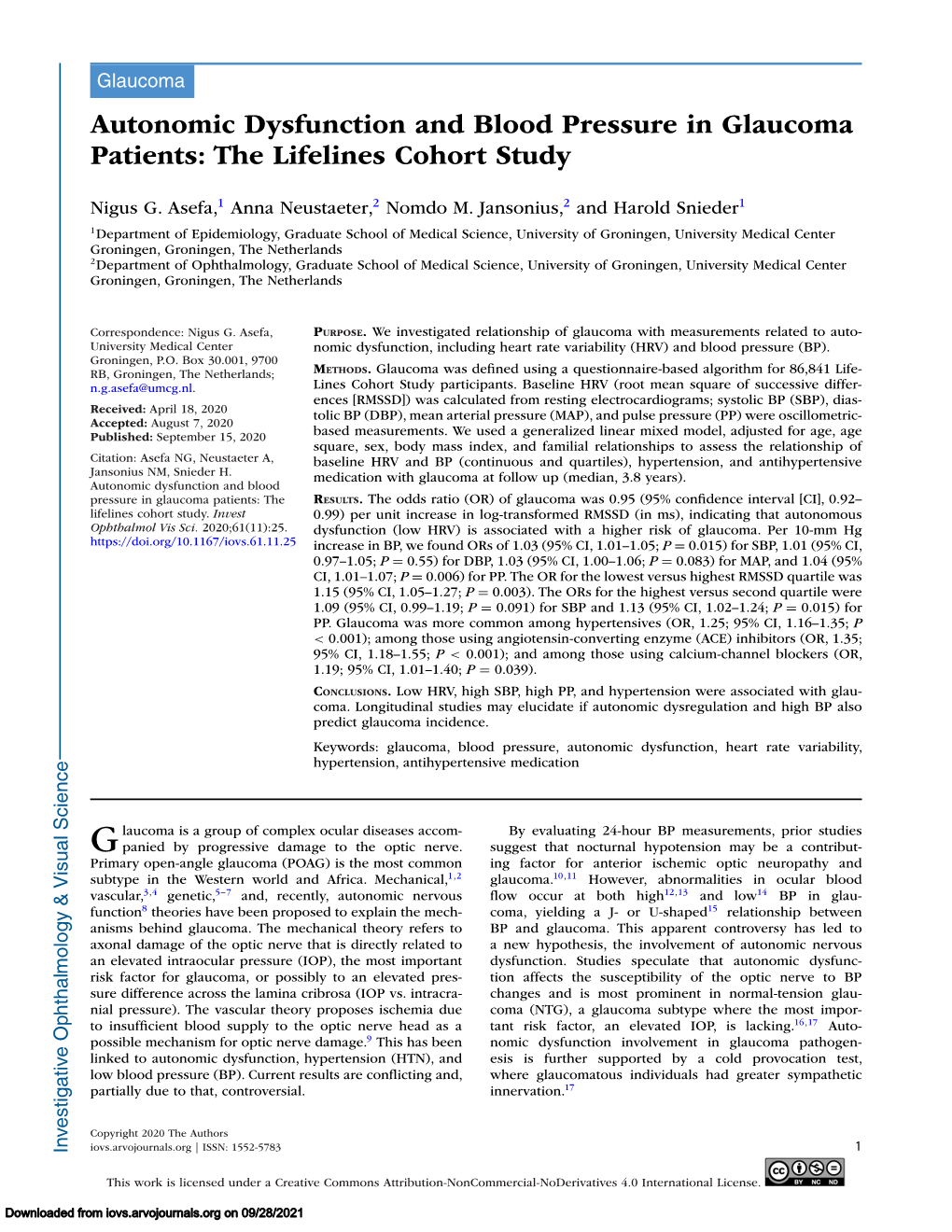 Autonomic Dysfunction and Blood Pressure in Glaucoma Patients: the Lifelines Cohort Study