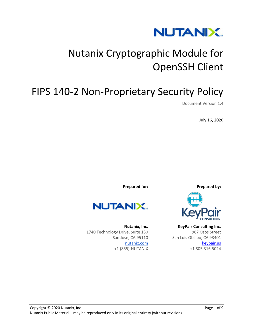 Nutanix Cryptographic Module for Openssh Client FIPS 140-2 Non