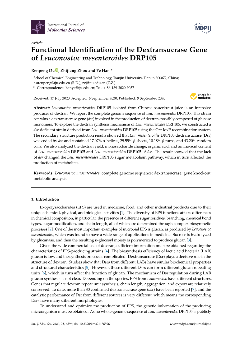 Functional Identification of the Dextransucrase Gene of Leuconostoc Mesenteroides DRP105