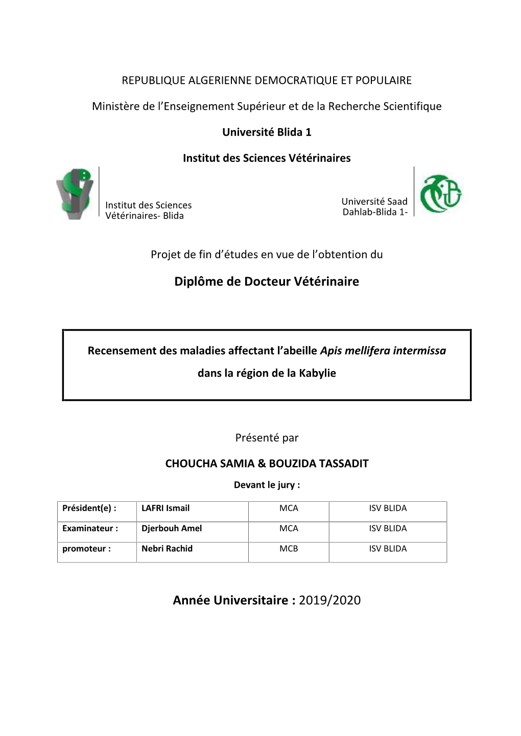 Diplôme De Docteur Vétérinaire Année Universitaire : 2019/2020