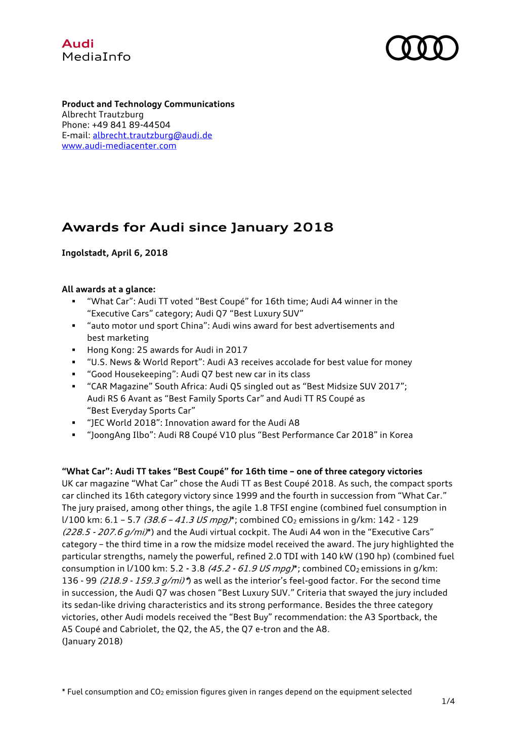 Awards for Audi Since January 2018