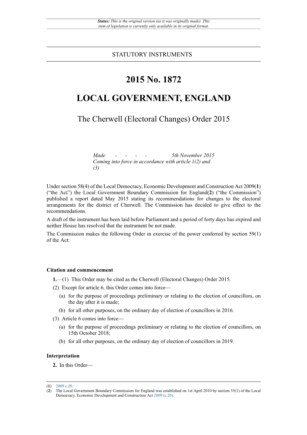 The Cherwell (Electoral Changes) Order 2015