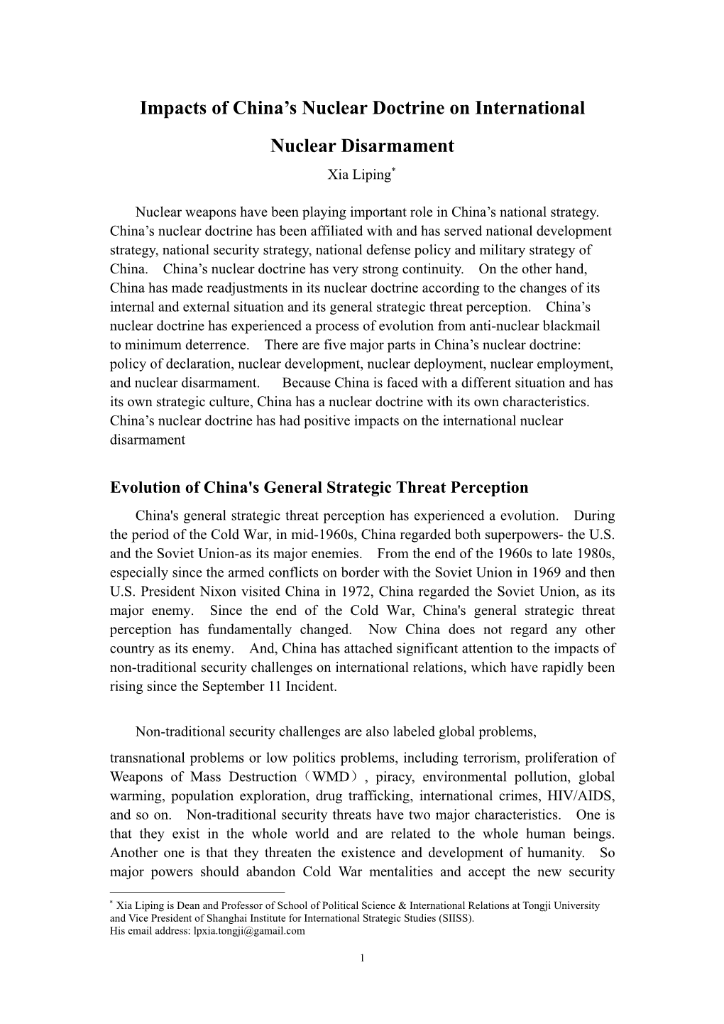 China's Nuclear Doctrine and International Strategic Stability