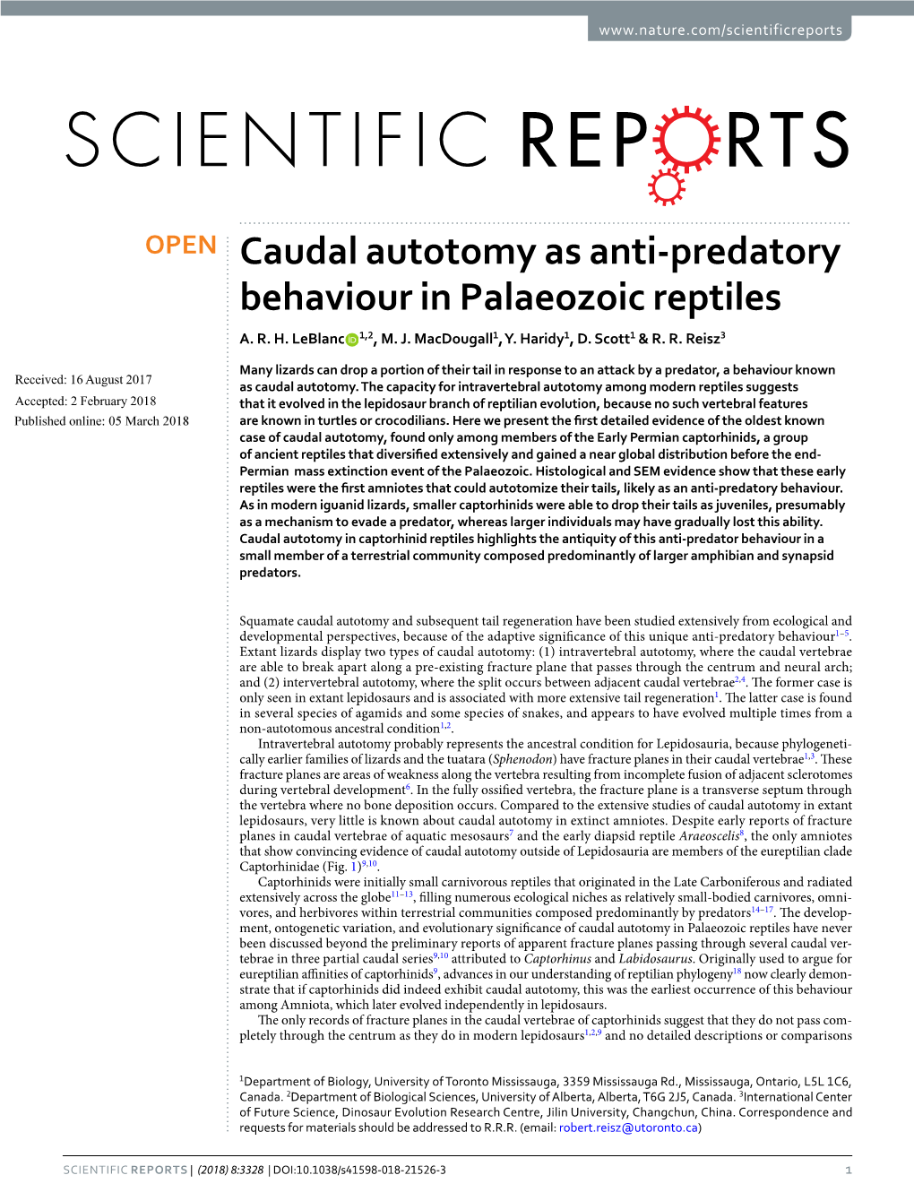 Caudal Autotomy As Anti-Predatory Behaviour in Palaeozoic Reptiles A