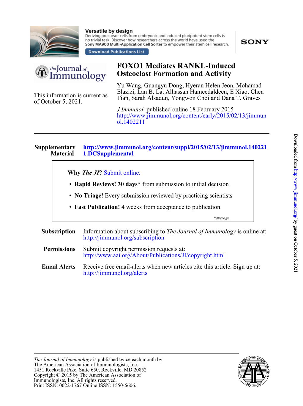 Osteoclast Formation and Activity FOXO1 Mediates RANKL-Induced