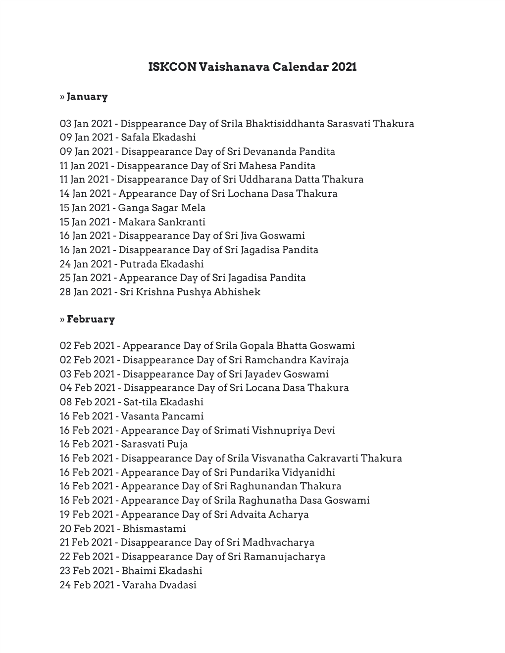 ISKCON Vaishanava Calendar 2021