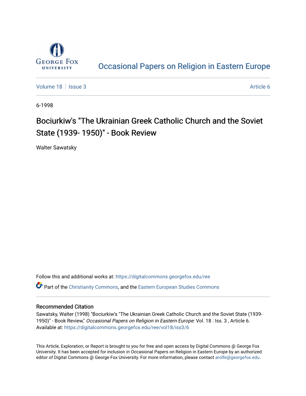 Bociurkiw's "The Ukrainian Greek Catholic Church and the Soviet State (1939- 1950)" - Book Review