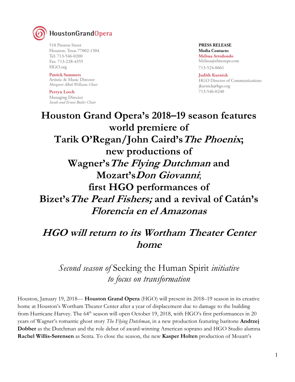 Houston Grand Opera's 2018–19 Season Features World Premiere Of