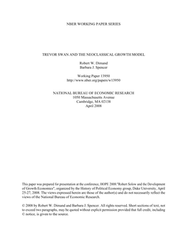 Nber Working Paper Series Trevor Swan and The