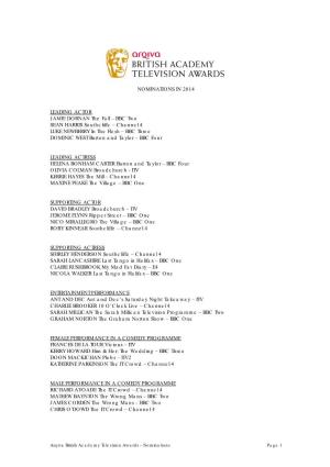 2014 BAFTA TV Awards Full List of Nominations