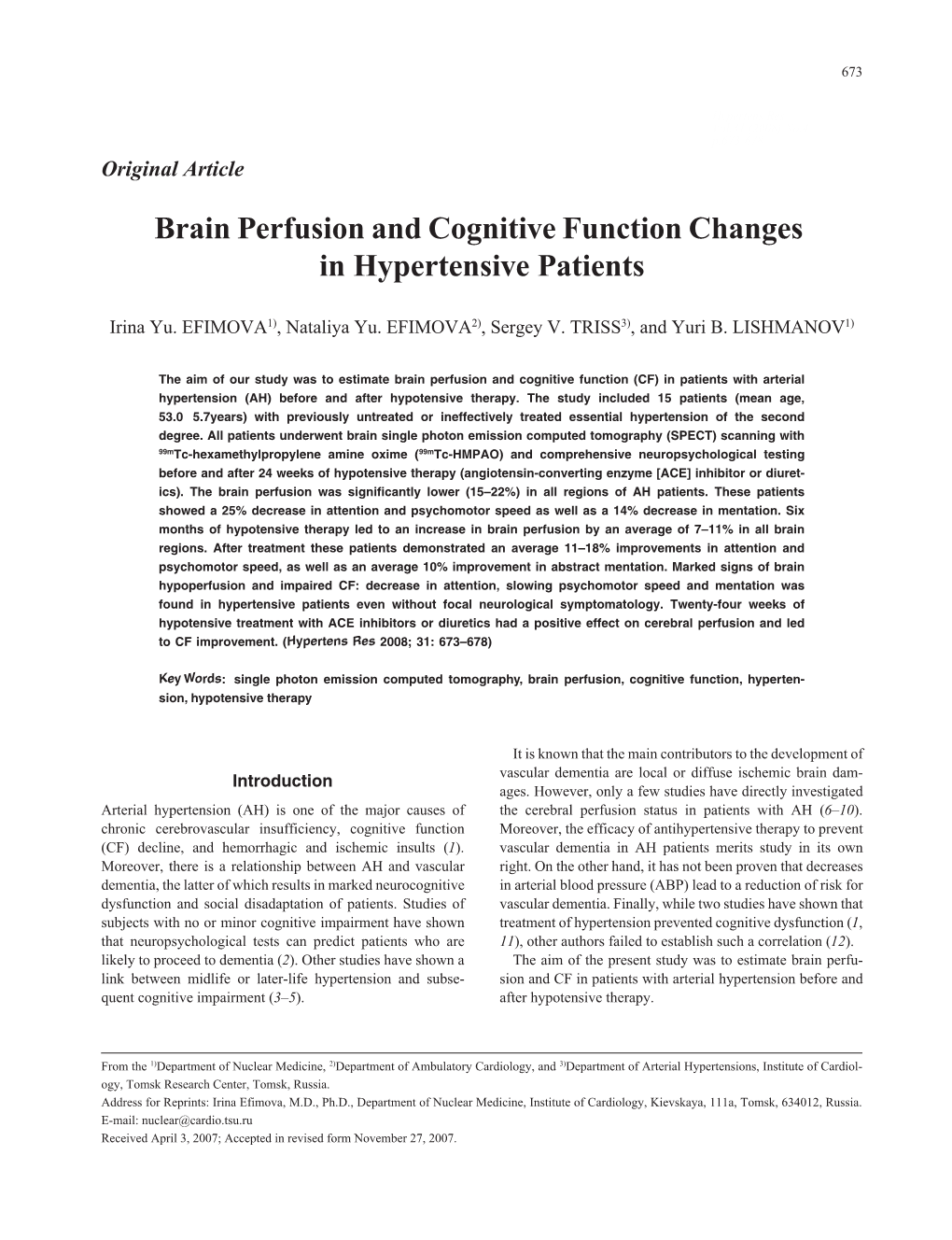 Brain Perfusion and Cognitive Function Changes in Hypertensive Patients