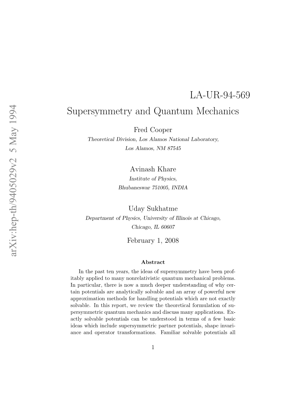 Arxiv:Hep-Th/9405029V2 5 May 1994 LA-UR-94-569 Supersymmetry and Quantum Mechanics