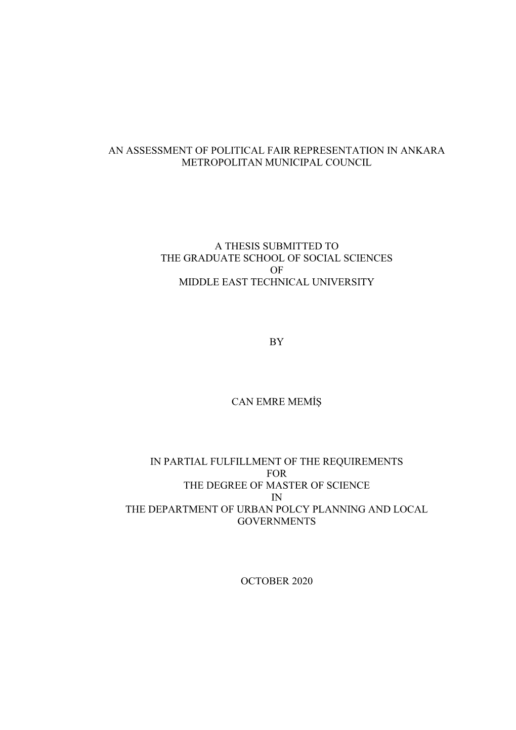 An Assessment of Political Fair Representation in Ankara Metropolitan Municipal Council