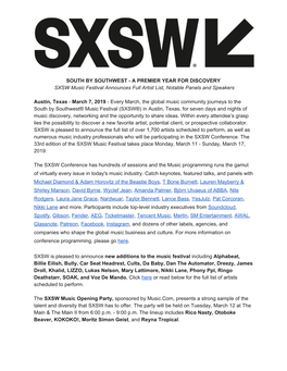 March 7, 2019: SXSW Music Festival Announces Full Artist List, Notable