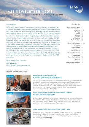 IASS Newsletter 1/2018 Institute for Advanced Sustainability Studies | Potsdam, February 2018