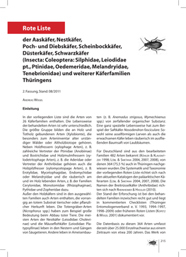 Insecta: Coleoptera: Silphidae, Leiodidae Pt., Ptinidae, Oedemeridae, Melandryidae, Tenebrionidae) Und Weiterer Käferfamilien Thüringens