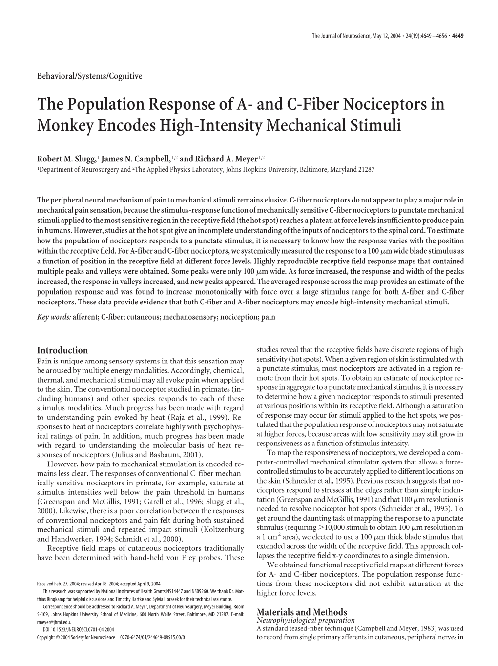 And C-Fiber Nociceptors in Monkey Encodes High-Intensity Mechanical Stimuli