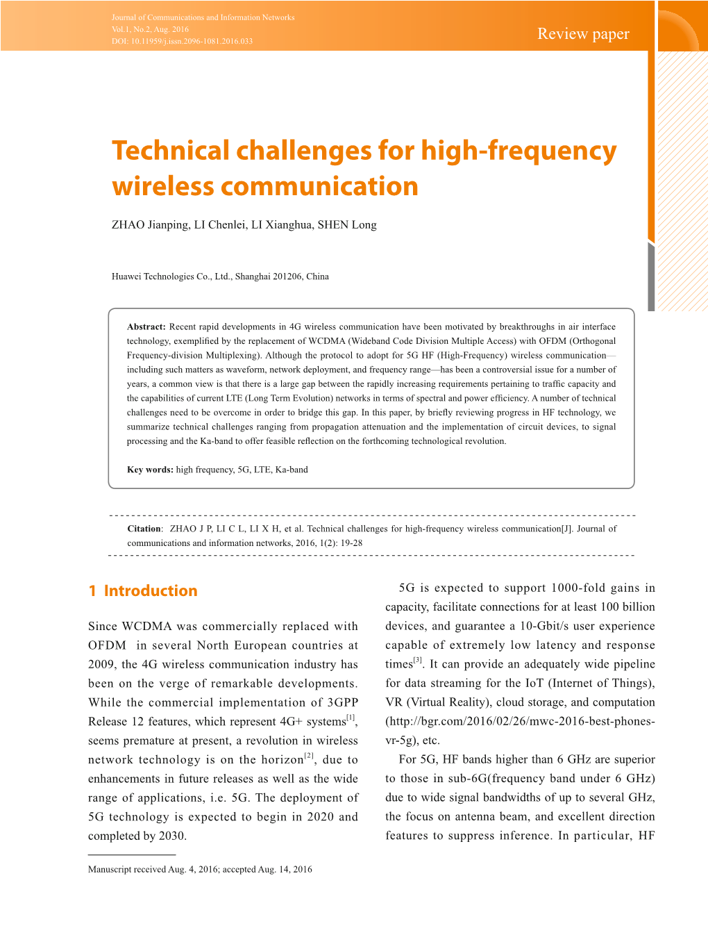 Technical Challenges for High-Frequency Wireless Communication Review Paper