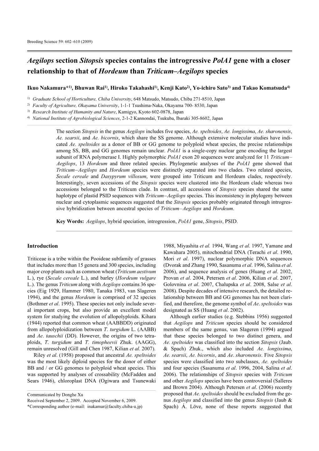 Aegilops Section Sitopsis Species Contains the Introgressive Pola1 Gene with a Closer Relationship to That of Hordeum Than Triticum–Aegilops Species