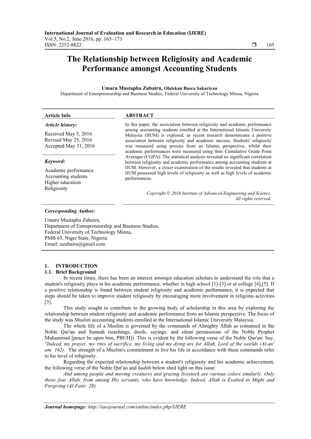 The Relationship Between Religiosity and Academic Performance Amongst Accounting Students