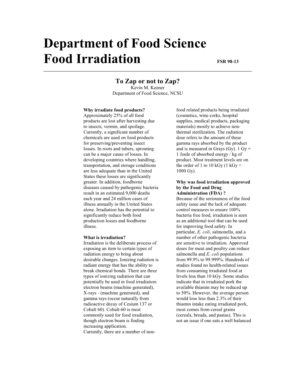 Food Irradiation Fact Sheet