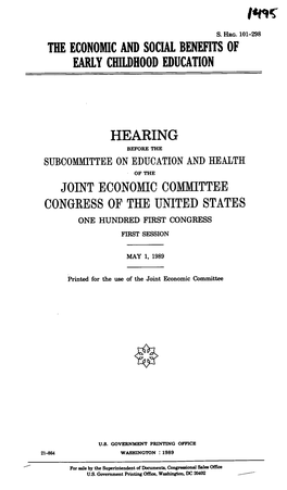 The Economic and Social Benefits of Early Childhood Education Hearing Joint Economic Committee Congress of the United States