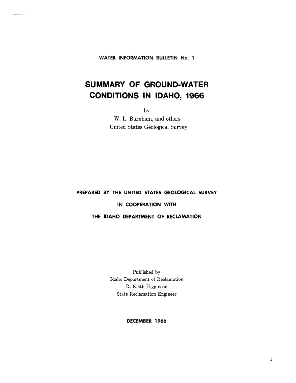 WIB#1: Ground Water Conditions in Idaho, 1966