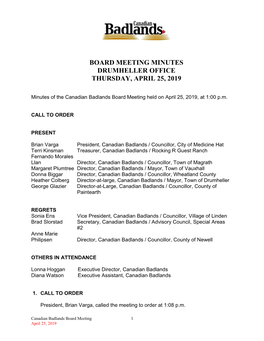 Board Meeting Minutes Drumheller Office Thursday, April 25, 2019