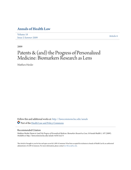 (And) the Progress of Personalized Medicine: Biomarkers Research As Lens Matthew Eh Rder