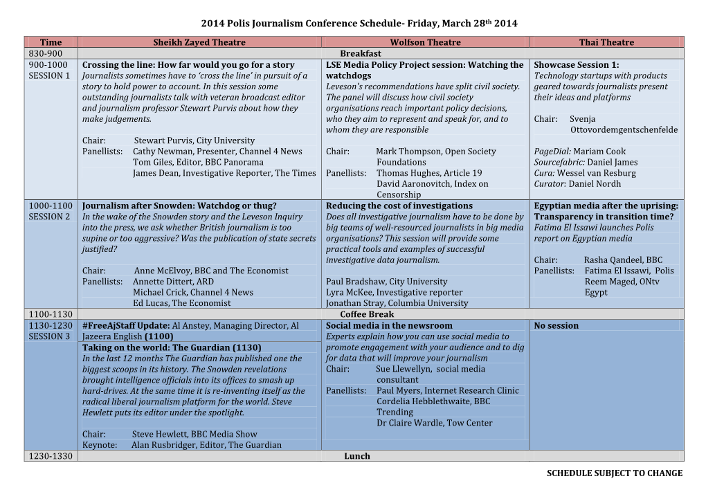 2014 Polis Journalism Conference Schedule- Friday, March 28Th 2014