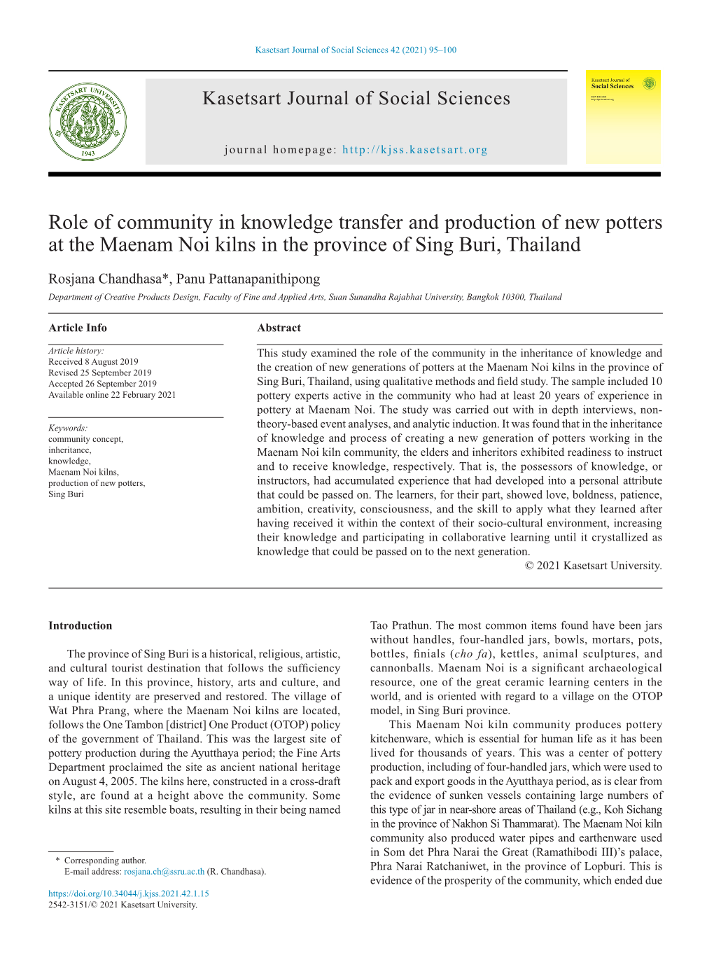 Role of Community in Knowledge Transfer and Production of New Potters at the Maenam Noi Kilns in the Province of Sing Buri, Thailand