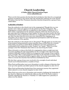 Church Leadership a Valley Bible Church Position Paper