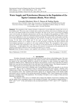 Water Supply and Waterbornes Diseases in the Population of Za- Kpota Commune (Benin, West Africa)