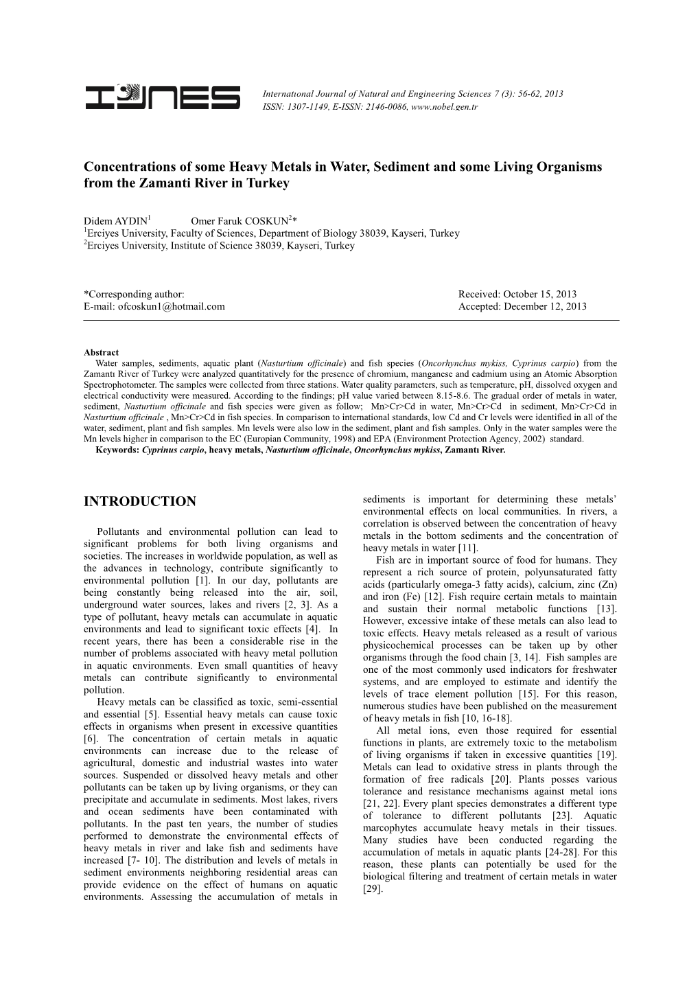 Concentrations of Some Heavy Metals in Water, Sediment, and Some